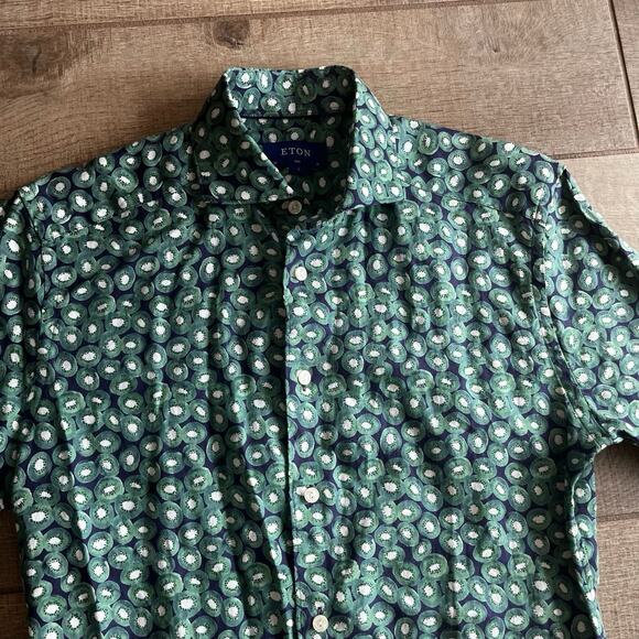 Eton 100% Linen Short Sleeve Button Up Shirt Green Blue Kiwi Print Sz 38 15 - Picture 3 of 11